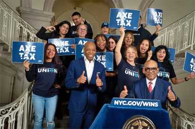 Mayor Adams leads a rally thanking state partners for supporting ‘Axe the Tax for the Working Class.’